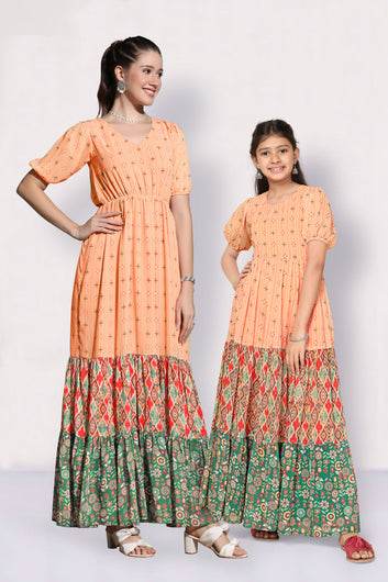 Peach All Over Printed Mother-Daughter Long Dress