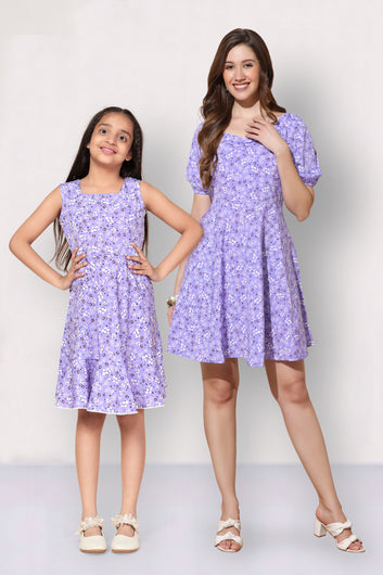 Violet Floral Printed Mother-Daughter Dress