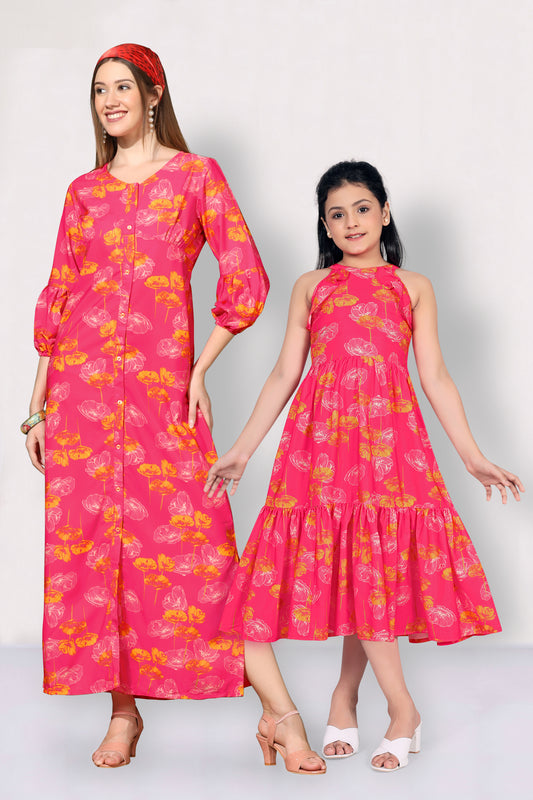 Pink Floral Printed Mother-Daughter Dress
