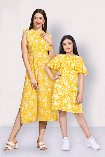 Yellow Floral Printed Mother-Daughter Ruffle A-Line Dress