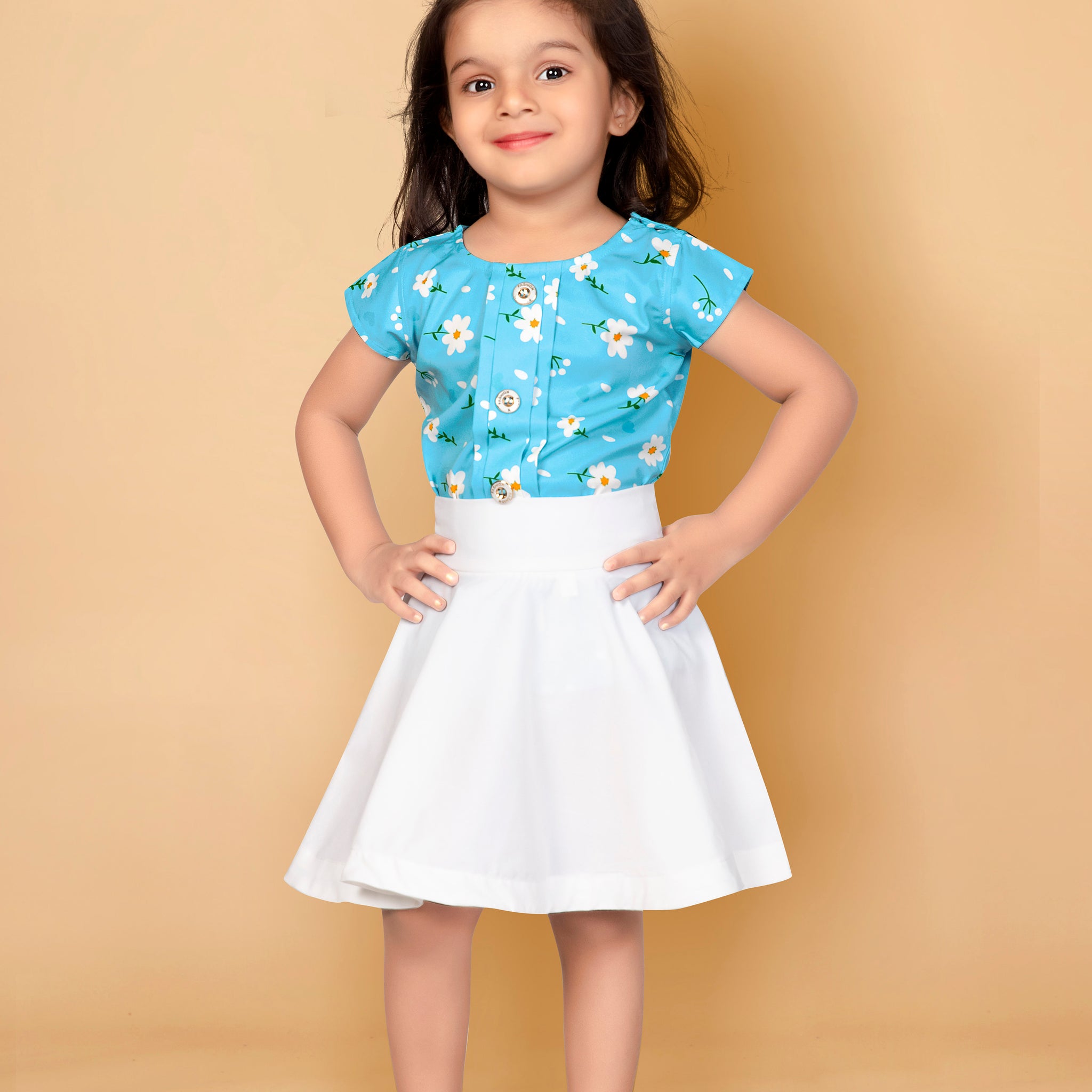 Toddler Girl's Floral Printed Top with Flared Knee-Length Skirt
