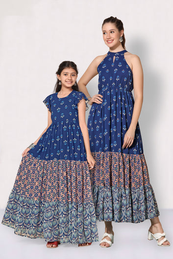 Dark Blue All Over Printed Mother-Daughter Long Dress