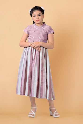 Girl Double Breasted Stripe Pattern Calf Length Dress