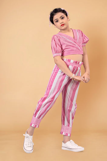 Girls Stripe Shawl Neck Fusion Wear Top & Pant