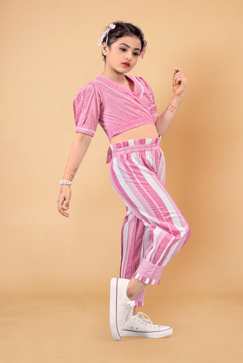Girls Stripe Shawl Neck Fusion Wear Top & Pant