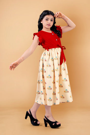 Girl’s Crepe Floral Printed Calf Length Dress
