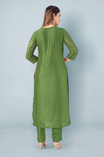 Women’s Olive Green Crepe Silk Salwar Suit Set