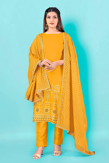 Women's Yellow Crepe Silk Salwar Suit Set