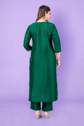 Women Dark Green Crepe Silk Salwar Suit With Dupatta Set