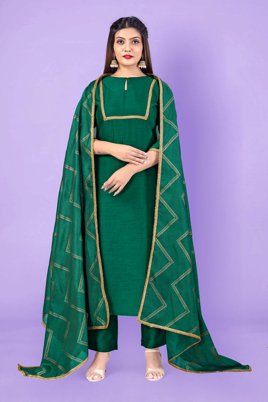 Women Dark Green Crepe Silk Salwar Suit With Dupatta Set