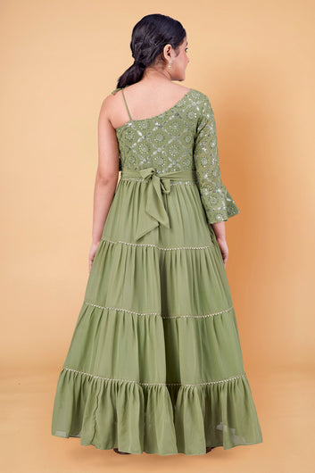 Girls One Shoulder Maxi Length Embroidered Dress