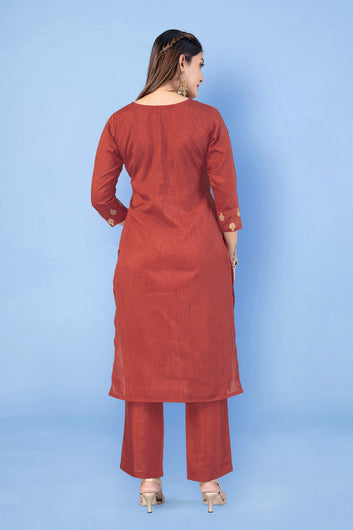 Women Rust Crepe Silk Salwar Suit With Dupatta Set