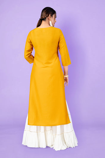 Women Yellow Chinnon Pigment Printed Straight Readymade Kurti