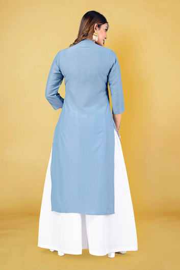 Women Light Blue Chinnon Pigment Printed Straight Readymade Kurti
