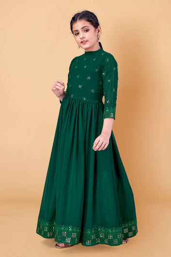 Girl's Georgette Dark Green Maxi Length Embroidered Dress