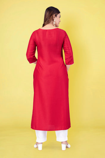 Women's Red Chinnon Pigment Printed Straight Readymade Kurti