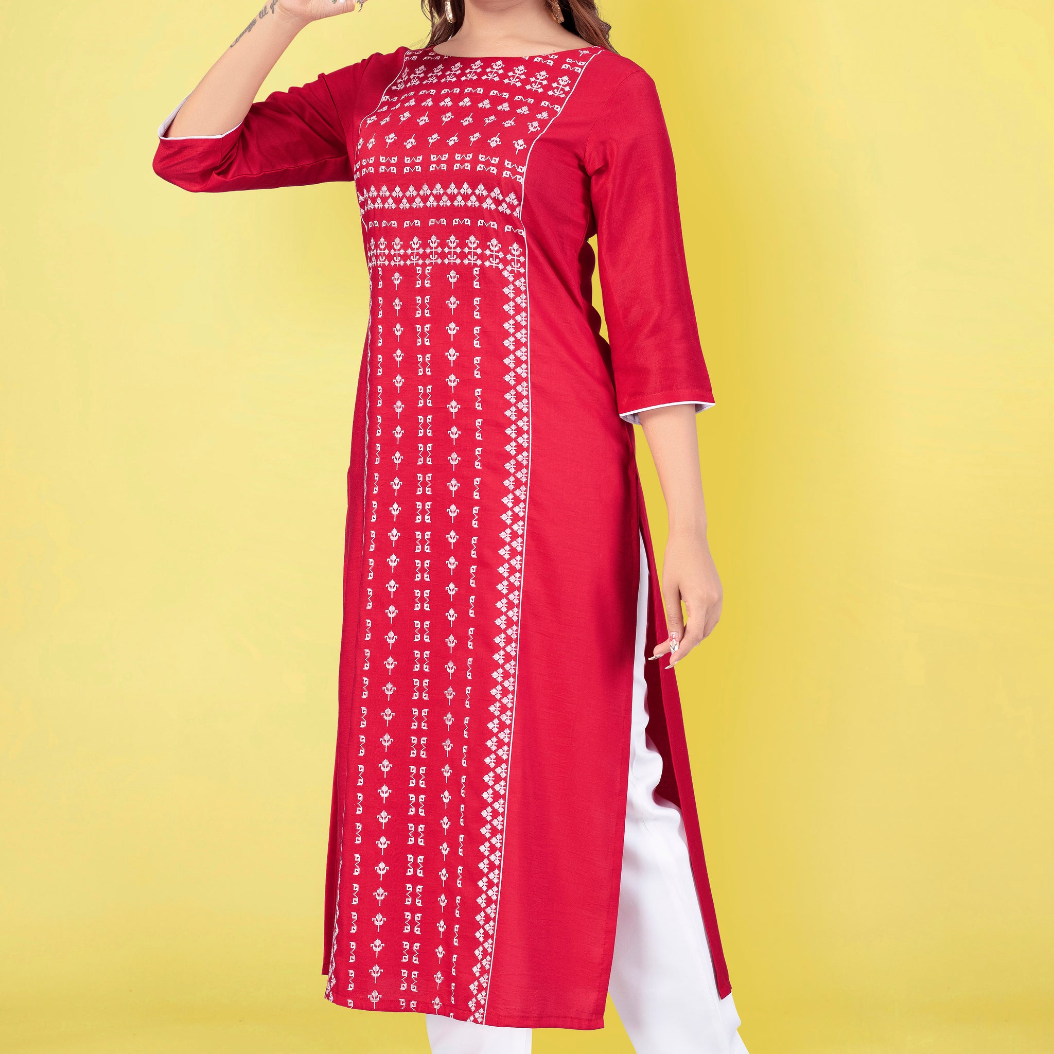 Women's Red Chinnon Pigment Printed Straight Readymade Kurti