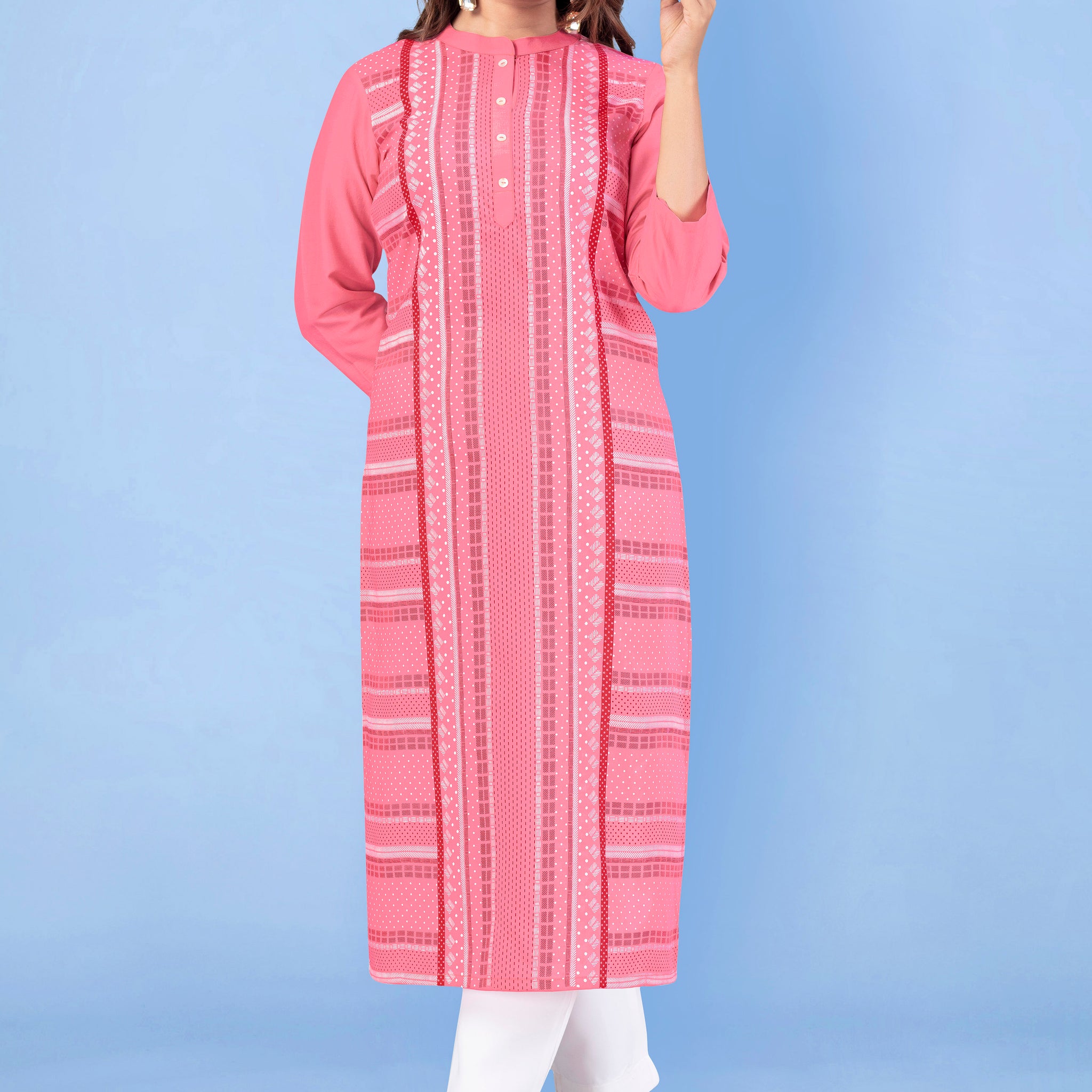 Women Baby Pink Chinnon Pigment Printed Straight Readymade Kurti