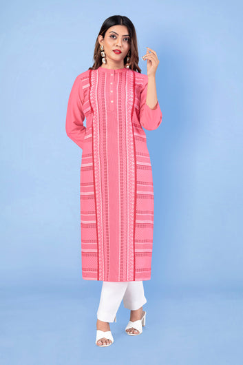 Women Baby Pink Chinnon Pigment Printed Straight Readymade Kurti