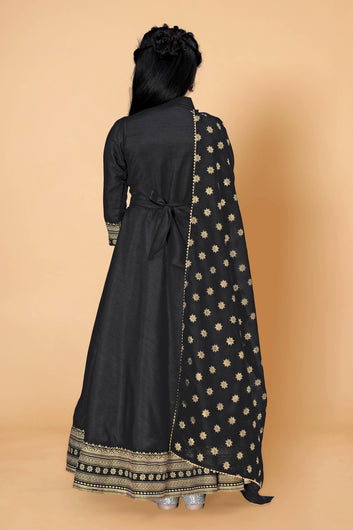 Girls Maxi Length Foil Printed Dress With Dupatta