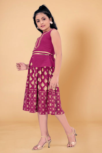 Girl's Knee Length Foil Printed Dress