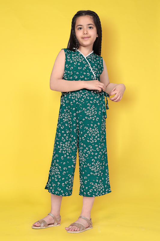 Girls Green Floral Printed Calf Length Jumpsuit