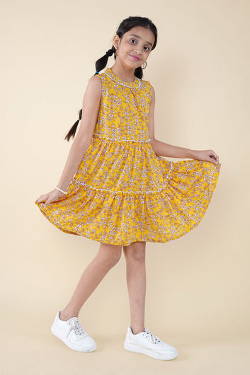 Girls Yellow Floral Printed Tiered Dress