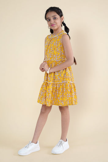 Girls Yellow Floral Printed Tiered Dress