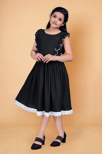 Girl's Rayon Knee Length Flutter Sleeve Dress