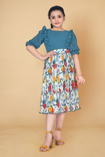 Girl’s Teal Blue Georgette Top with Accordion Pleated Skirt Clothing Set