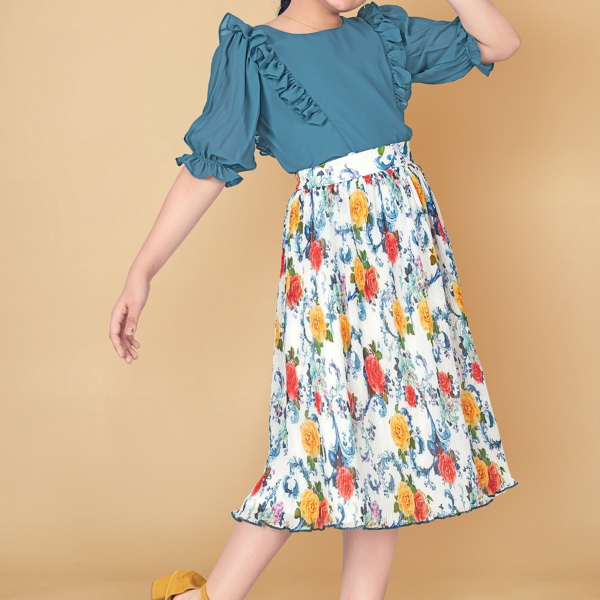 Girl’s Teal Blue Georgette Top with Accordion Pleated Skirt Clothing Set