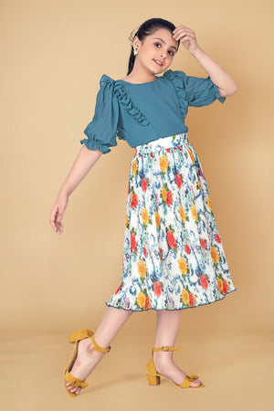 Girl’s Teal Blue Georgette Top with Accordion Pleated Skirt Clothing Set