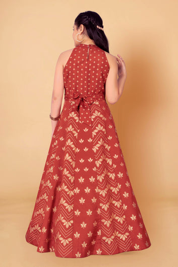 Girl's Crepe Silk Maxi Length Foil Printed Dresses