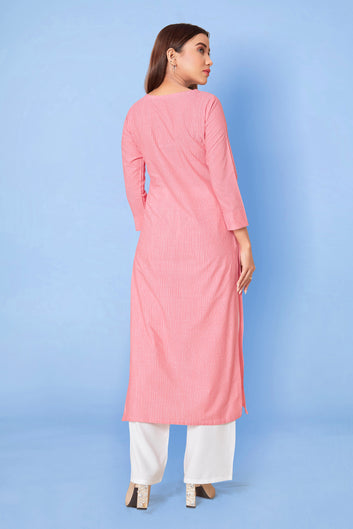 Women’s Pink Cotton Straight Readymade Kurti