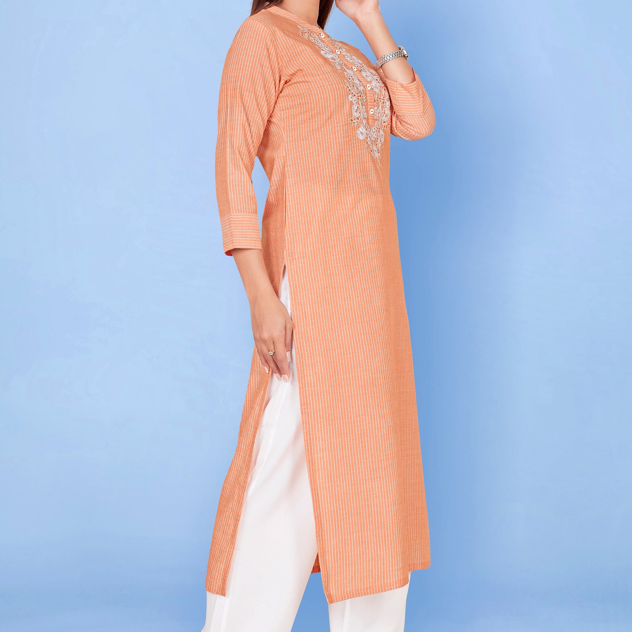 Women’s Orange Cotton Straight Readymade Kurti