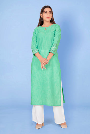 Women’s Green Cotton Straight Readymade Kurti