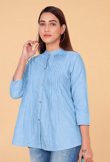 Women's Cotton Blue Stripe Printed Top