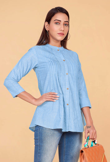 Women's Cotton Blue Stripe Printed Top