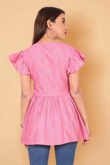 Women's Cotton Pink Stripe Printed Top