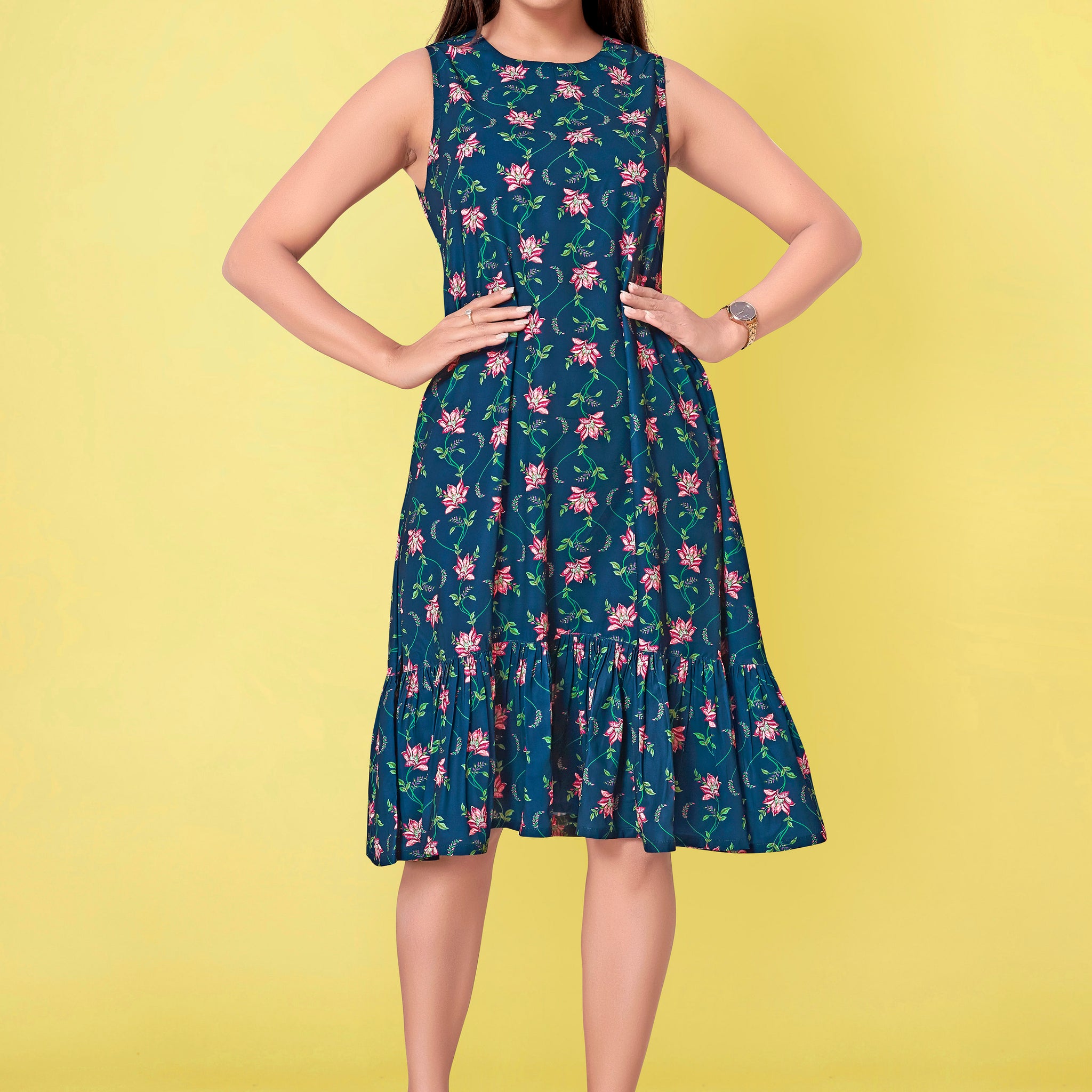 Women’s BSY Polyester Navy Blue Floral Print Dresses