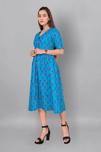 Women’s BSY Polyester Blue Floral Print Gathered Dresses