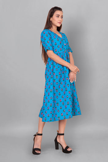 Women’s BSY Polyester Blue Floral Print Gathered Dresses