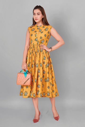 Women’s BSY Polyester Mustard Yellow Floral Print Dresses