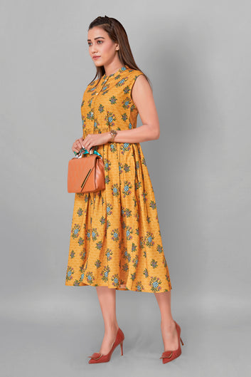 Women’s BSY Polyester Mustard Yellow Floral Print Dresses