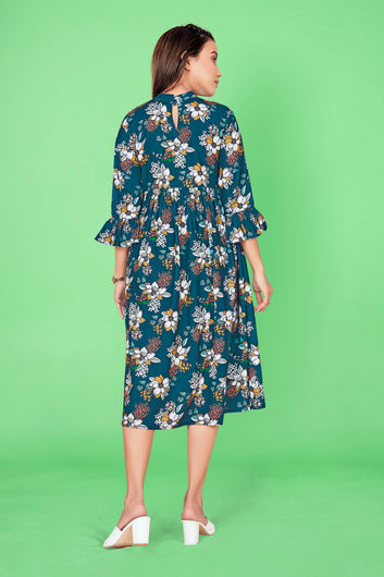 Women’s BSY Polyester Teal Gathered Floral Printed Dresses