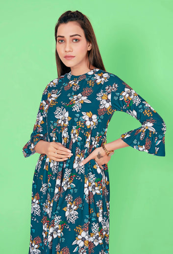 Women’s BSY Polyester Teal Gathered Floral Printed Dresses
