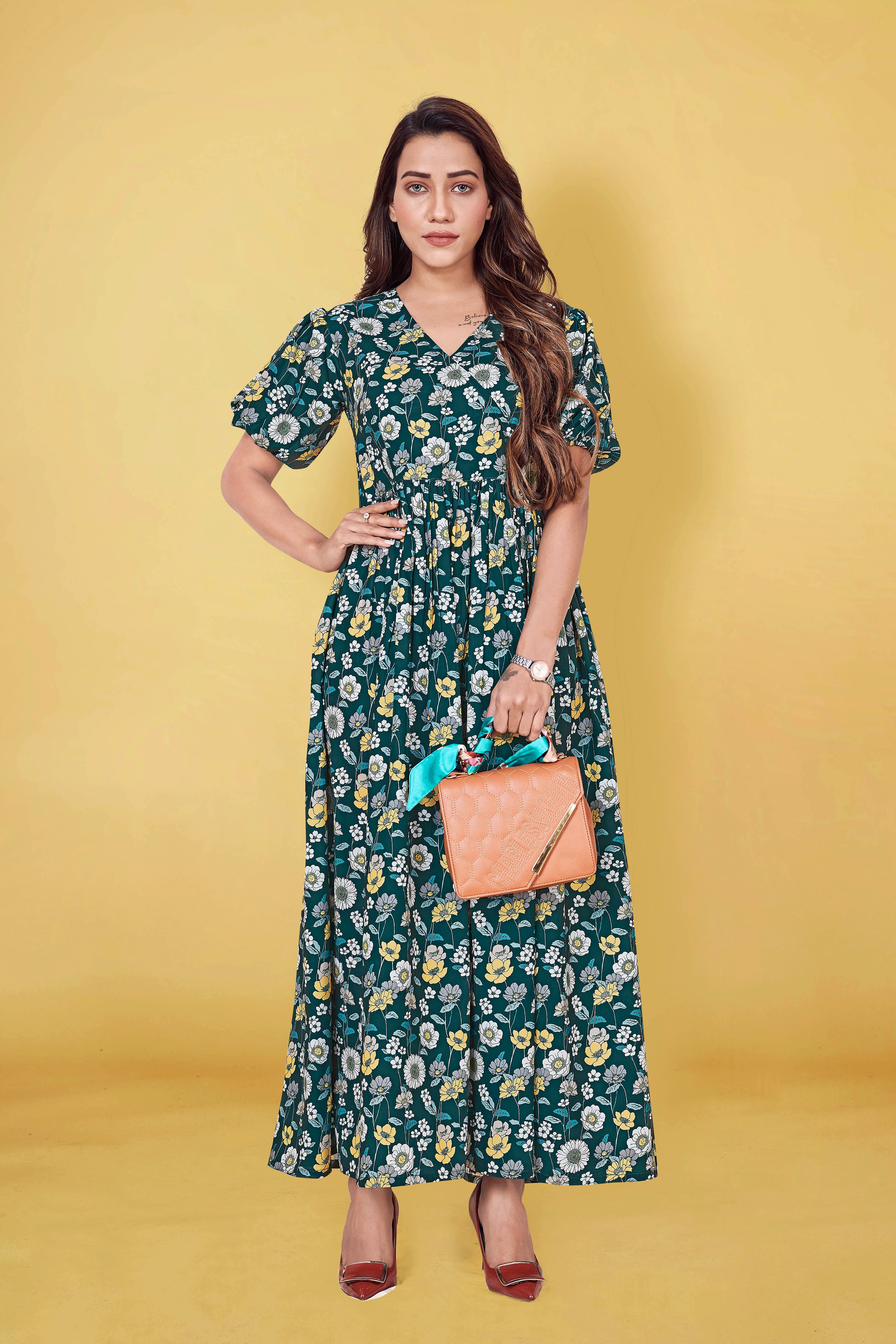 Buy our Dark Green Floral Flared Dress online from globaldesi.in SC-  SS23GH275DRPCD