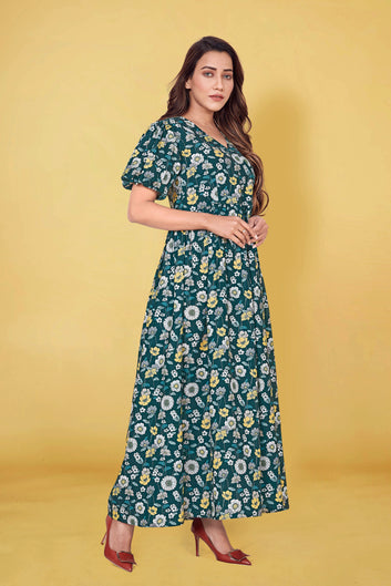 Women’s Dark Green BSY Polyester Floral Print Gathered Dresses