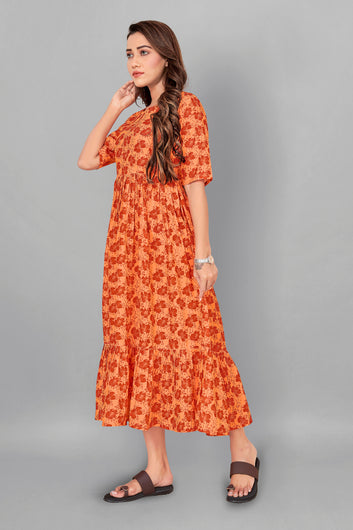 Women’s BSY Polyester Orange Ruffle Floral Printed Dresses