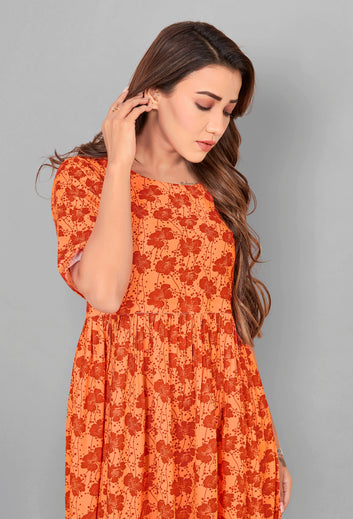 Women’s BSY Polyester Orange Ruffle Floral Printed Dresses